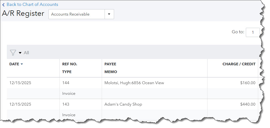 QBO registers for individual accounts