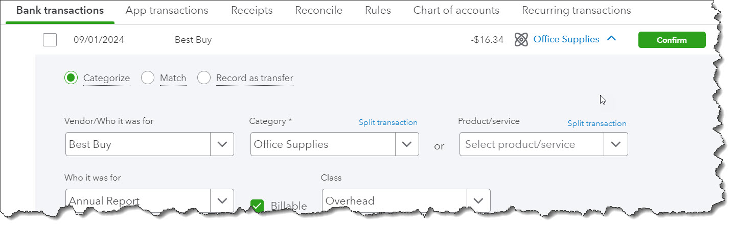 section in quickbooks